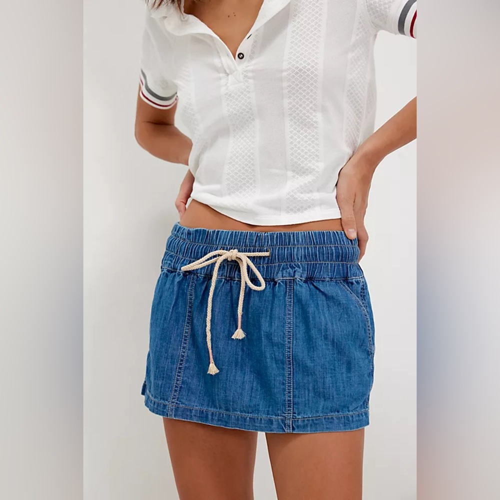 We The Free Blue Denim Drawstring Skort
